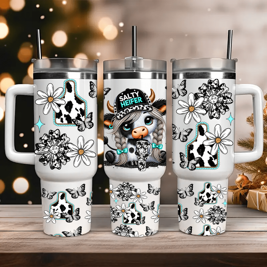 1 set di adesivi di trasferimento floreali serie Mucca di Alta Terra UV DTF, impermeabili per bicchiere di vetro da 16oz, adesivi di trasferimento Libbey, adesivi di trasferimento in vinile per acciaio inossidabile, design colorato, UV DTF, adatto per tazze, frigoriferi, bicchieri, tazze da caffè e qualsiasi oggetto piatto, decorazione fai-da-te impermeabile (bicchieri non inclusi)