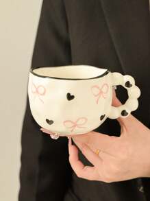 1pc Ceramic Beaded Bow Mug, Korean Ins Style Cute Lady Coffee Cup, Handpainted Heart & Bow Cup, High Quality Afternoon Tea Cup, Gift Back To School - Multicolor - View 14