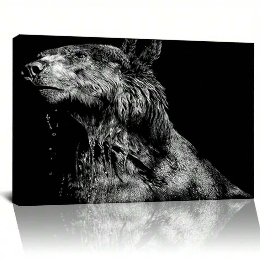 Framed Canvas Animal Wall Art Modern Paintings Decorations Vintage Water Dripping Wild Bear Black & White Horror Canvas Artwork Prints For Bedroom Office Kitchen  Poster