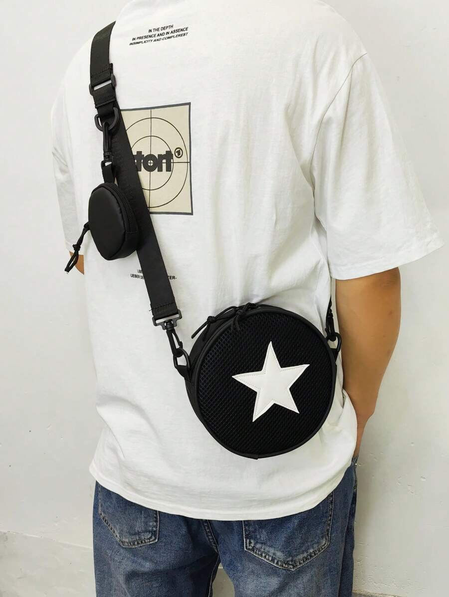 Black Letter Graphic Casual Shoulder Bag For Men, Suitable For Travel, Walking, And Shopping - Black - View 1