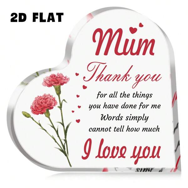 1 pièce Cadeaux pour maman, plaque de fleur en acrylique en forme de cœur - Je t'aime maman, souvenir parfait pour maman de la part de la fille ou du fils, idéal pour la fête des mères et les anniversaires, décoration de bureau élégante, pour les fournitures scolaires, rentrée scolaire