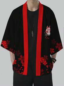 Men's Casual Fox Mask Silhouette Printed Kimono Shirt - Lightweight Polyester, Black With Red Floral Accents - Black - View 1