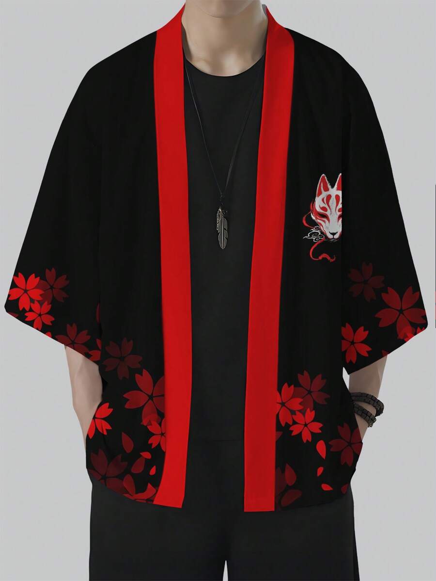 Men's Casual Fox Mask Silhouette Printed Kimono Shirt - Lightweight Polyester, Black With Red Floral Accents - Black - View 1