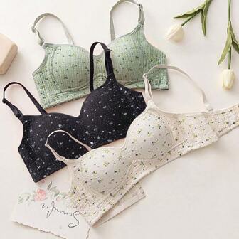 Three-Pack New Sweet Floral Small-Breasted Girls' Underwear, Female Students Without Steel Rings Gather To Collect Secondary Breasts, Anti-Sagging Girls, Junior High School Students, Skin-Friendly And Comfortable Bra Cover