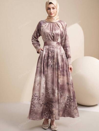 Women's Vintage Dyed Round Neck Raglan Tied Waist With Pockets Loose Fitting Long Wedding Robe Arab Dress