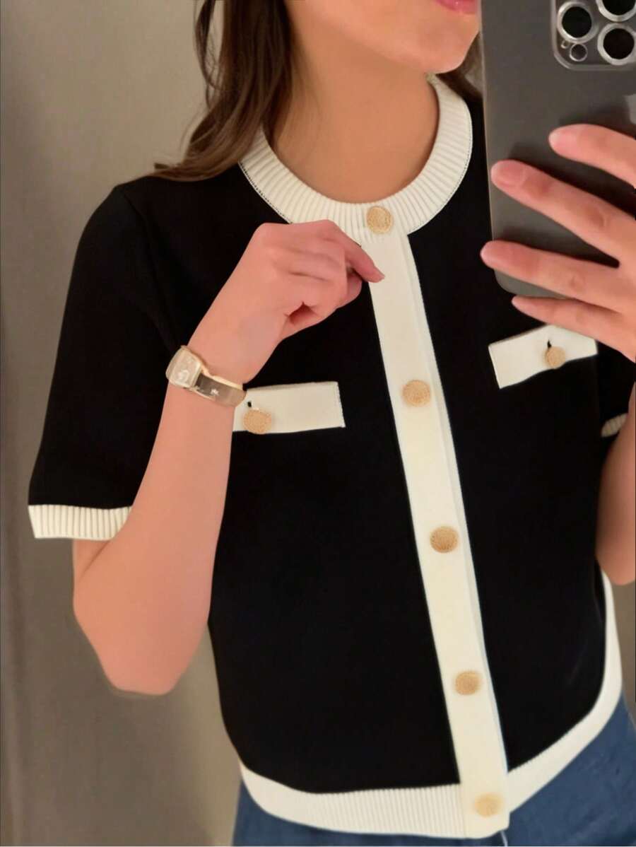 Seelio Women's Short Sleeve Knit Sweater, New French Style Color Block Button Round Neck Fitted T-Shirt Knit Jacket