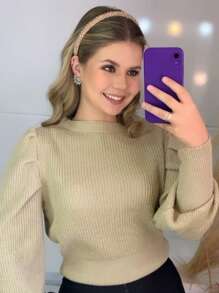Women's Winter Cold Weather Puff Sleeve Princess Long Pleated Knit Sweater Top - 沙 - 查看 2