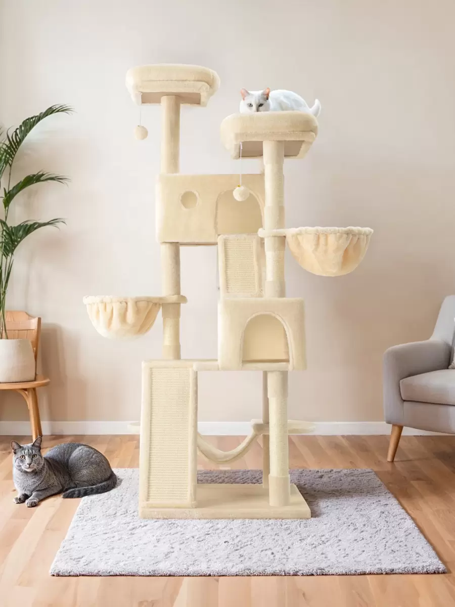 HOOMIC 65 Inch Multi-Level Large Cat Tree Tower For Indoor Cats, Furniture Activity Center With Wide Base, Cozy Plush Cat Perches, Cat Condo With Baskets, Sisal Scratching Posts And Hammock, Beige/Dark Grey/Grey/Pink/Leopard Print/Black&White - 米色 - 查看 1