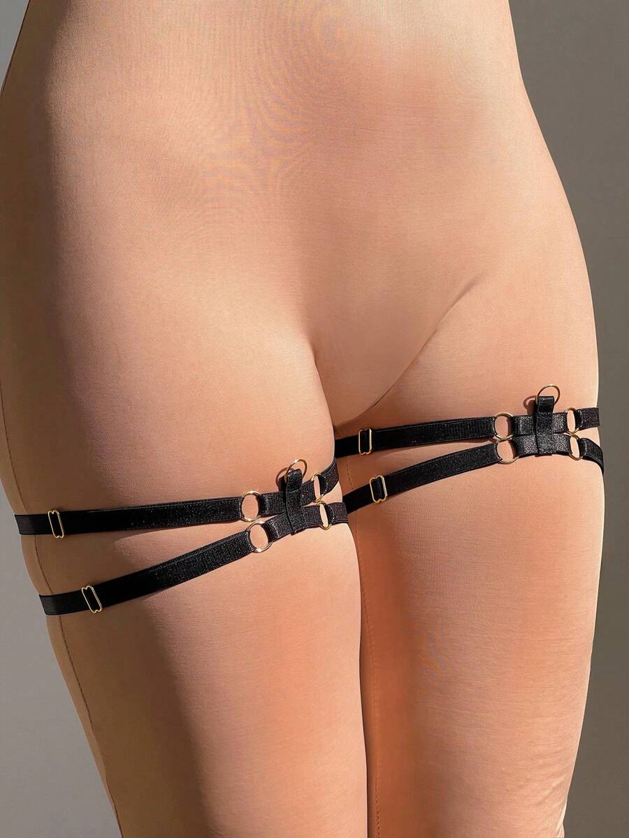 2pcs Fashionable Sweet Ring & Geometric Double Layer Delicate Elegant White Elastic Sexy Garter Belts, Adjustable Bride Thigh Chains - A - View 1