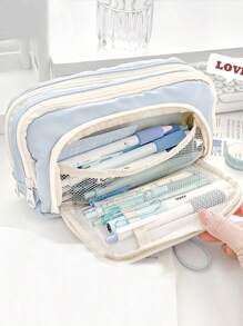 Estuche de lápices con cordón de gran capacidad, bolsa de bolígrafos de doble capa con color crema, papelería para niñas, regalos de vuelta a la escuela