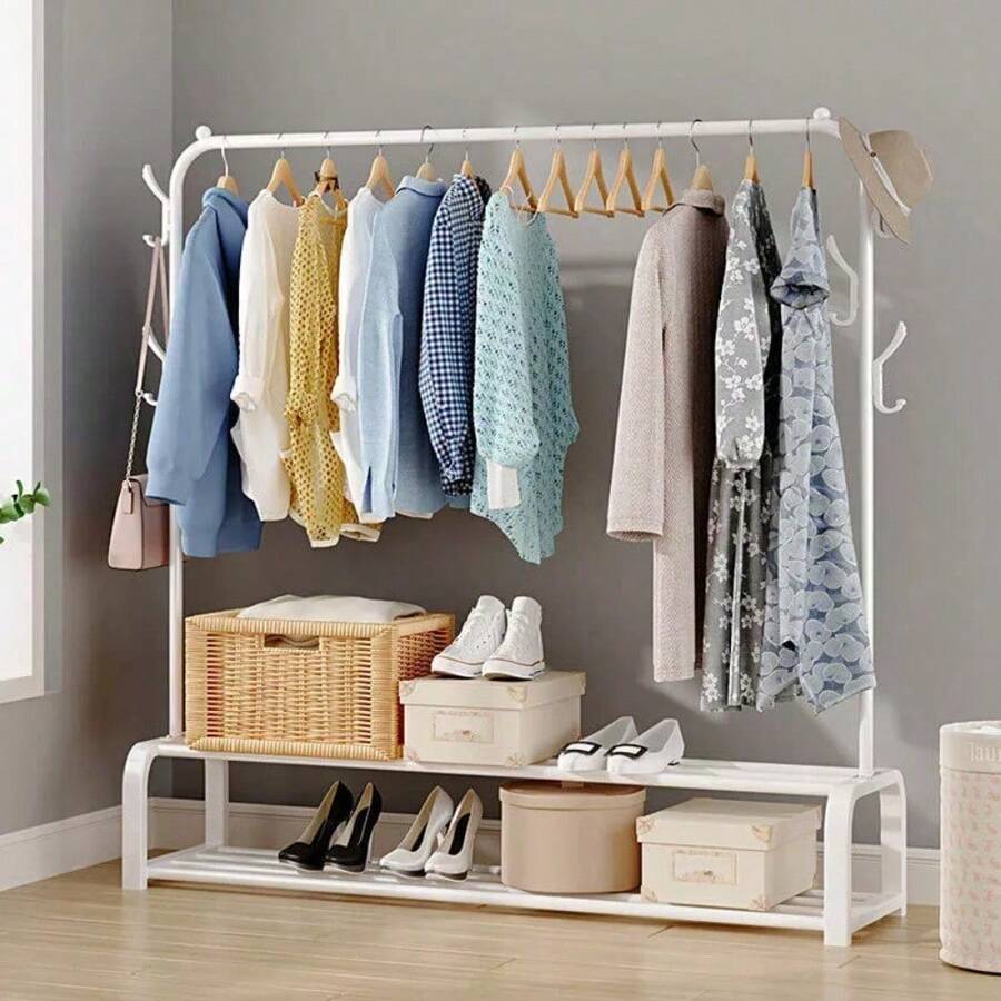 Clothes Rail Heavy Duty Clothing Rail For Bedroom Metal Garment Rack 110x33x150cm Clothing Rack With 2 Tier Shoe Storage Shelf And 6 Side Hooks Coat Rack Hanging Rail For Clothes - Black - View 1