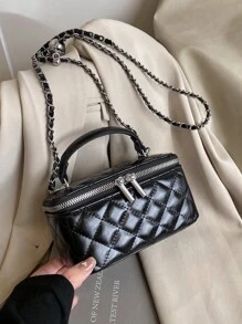 1pc Fashionable PU Quilted Embroidered Box Bag, Versatile Zipper Closure Small Square Handbag With Chain Strap For Women - Black - View 5