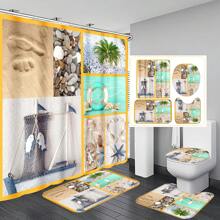 1 pièce/4 pièces Rideau de douche décoratif multifonction imperméable représentant un paysage marin avec phare, mouettes et bateau, avec 12 crochets, tapis de bain antidérapant, abattant de toilette en U, ensemble de salle de bain pour toutes les occasions, rentrée scolaire