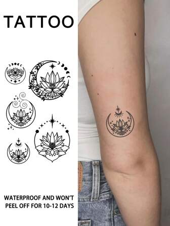 1Pc Tattoo Fake Temporary Tattoos Semi Permanent Tattoo Moon Flower Lotus Geometric Ramadan Waterproof Sweatproof Last For 1-2 Weeks Realistic Herbal Juice Anti-Friction Non-Reflective Black For Woman And Men Tattoo Stickers For Arm, Chest, Leg, Abdomen, Waist, Finger, Neck, Spine, Modernist Body Art