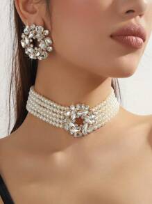 1pc Elegant Geometric Heart Shaped Colored Crystal Rhinestone Necklace And 1 Pair Heart Shaped Colored Crystal Rhinestone Earrings Set, Suitable For Evening Dress And Daily Use Valentines,Mom,Mother,Mother's Day,Gift