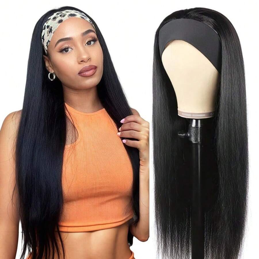 40 Inch Headband Wig Human Hair Straight Headband Wigs For Black Women Glueless None Lace Front Wig Brazilian Virgin Human Hair Wigs Natural Color - Natural Black - 查看 1