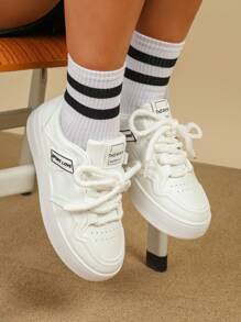 New Breathable Soft Sole White Sneakers For Girl, Thick Sole Anti-Slip Anti-Water Wear-Resistant Sports Casual Shoes For Students & Teenagers - White - View 2