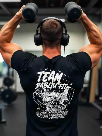 健身房，励志名言，男士 T 恤，黑色圆领短袖，健身，跑步和健身运动服，健身服