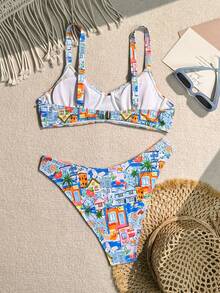 Bikinx Women's Beach Vacation Contrasting Print Stitching Design Bikini Underwire Split Swimsuit Set - Multicolor - View 2