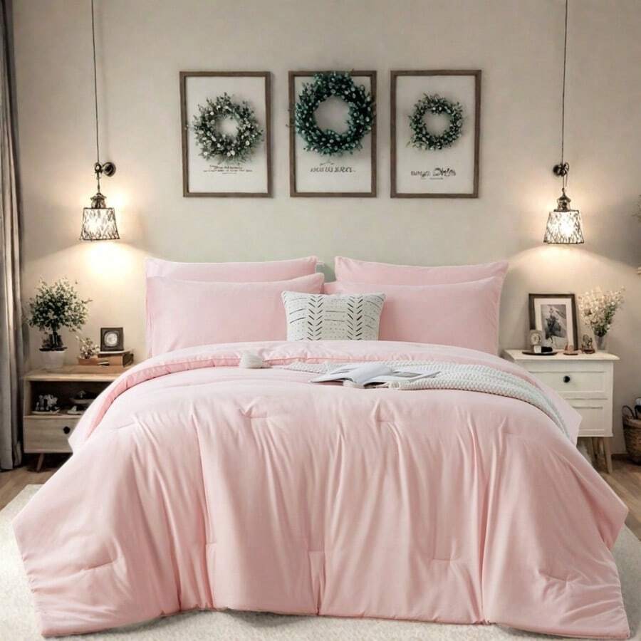 3pieces(Full/Queen/King)Lightweight Solid Comforter Set For All Seasons,Twin(2 Pieces),Soft & Comfortable Bed In A Bag Set For Student/Friends/Colleage,A Cloud-Like Sleeping Space All Year Round,Spring/Summer/Autumn/Winter,Great Gift - Pink - View 1