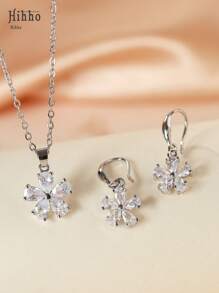Hihho 3 pièces/set collier pendentif fleur et boucles d'oreilles en acier inoxydable, avec zircone cubique brillants incrustés. Bijoux pour femmes, disponibles en or et argent. Meilleur cadeau