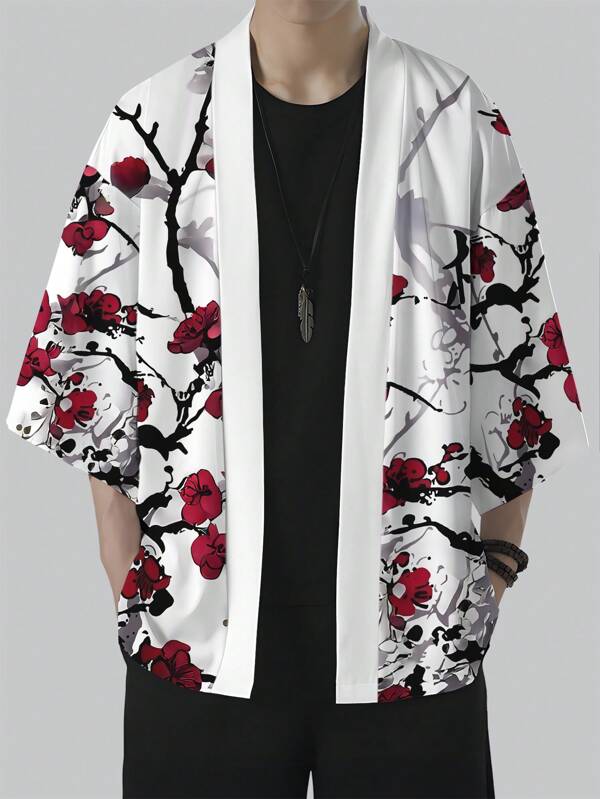 Men's Plum Blossom Print Kimono, Sun Protection, Polyester, Casual Summer Style