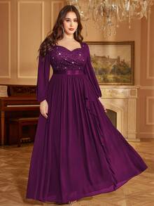 甜心亮片花卉蕾丝撞色雪纺荷叶边下摆主教袖优雅正式派对长裙、婚礼宾客礼服、秋季礼服，适合生日、毕业典礼、返校节 - 紫紅色 - 查看 7