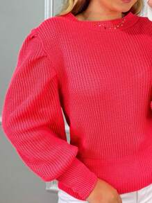 Women's Winter Cold Weather Puff Sleeve Princess Long Pleated Knit Sweater Top - 巴 - 查看 2
