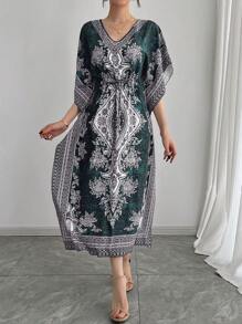 Middle Eastern Style Loose V-Neck Breathable High-End Quality Casual Reversible Elastic Waist Slimming Vacation Short Sleeve Dress, Plus Size Abaya Robe Caftan Arabian Traditional Festival Party Formal Gown