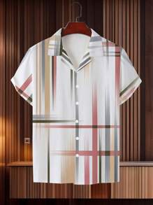 3D印花短袖衬衫 - 休闲透气涤纶，可机洗，男式领口设计