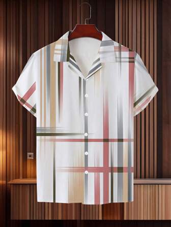 3D印花短袖衬衫 - 休闲透气涤纶，可机洗，男式领口设计