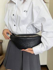 Retro Floral Print Fanny Pack, Quilted Zipper Waist Bag, Straw Beach Waist Pouch - Black - View 1