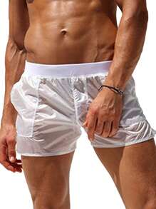 Men Swimming Trunks, Elastic Waist See-Through Summer Beach Shorts Swimwear With Pockets - 白色 - 查看 3
