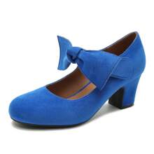 Womens Bow Heels Mary Jane Shoes Removable Bow Closed Toe Chunky Heel Dress Pumps - 寶藍色 - 查看 2