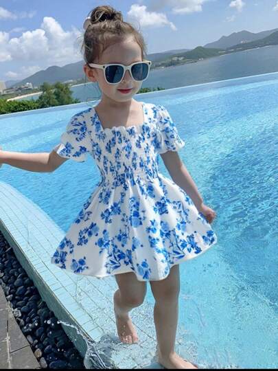 Young Girls Blue Floral Ruffled Collar Short Sleeve Blouse, Breathable Casual Summer Top
