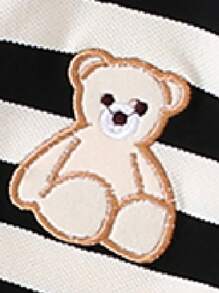 1 件女童马球领短袖连衣裙，带刺绣熊图案，条纹 A 字裙，校园风格 - 黑色 - 查看 4