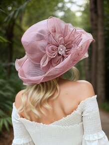 Elegant Women's Sun Hat With Floral Sheer Veil, Wavy Brim, Wide Brim Summer Outdoor Hat - Multicolor - View 5