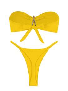 New Arrival Spring/Summer European And American Casual Sexy Elegant Yellow Solid Color Strapless Starfish Women's Bikini Set Set, Beach Holiday Party Date - Yellow - View 4