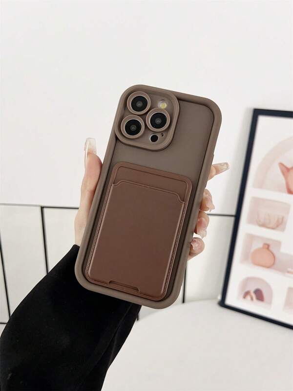1pc Plain Color Dopamine Matte Finish Built-In Card Holder Minimalist Phone Case For IPhone 16 Pro Max