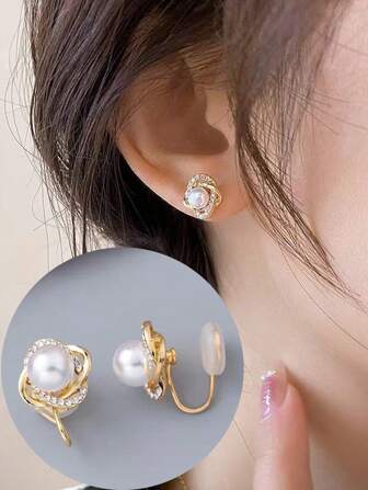 1pair Fashionable Zinc Alloy Rhinestone & Faux Pearl Decor Clip On Earrings For Women For Birthday Gift