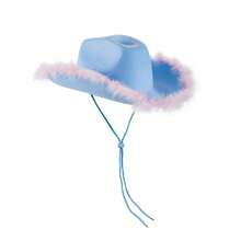 Womens Cowboy Hat, Adult Solid Color Furry Trim Wide Brim Hat Female Cap For Dating Party - Blue and Pink Feathers - View 3