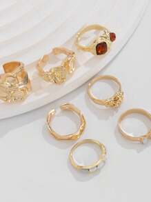 7pcs Vintage Liquid Wind Rings Set, Luxury Knuckle Rings For Women, Suitable For Parties, Gifts, And Daily Wear - Gold - View 4