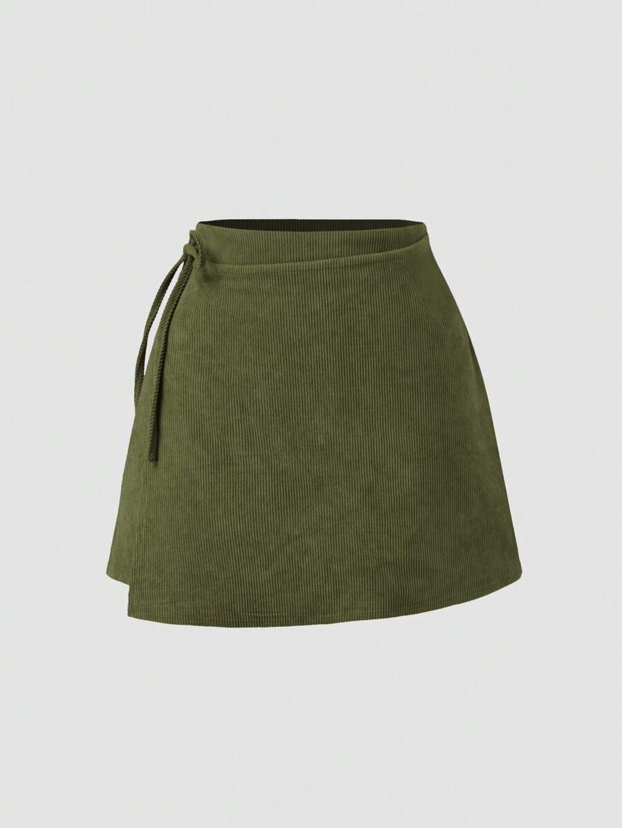 Women's Corduroy Asymmetric Hem Mid Rise Solid Knotted Mini Skirt, For Summer - Green - View 1