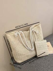 全新大容量草编手提包 配小钱包 - 米色 - 查看 2