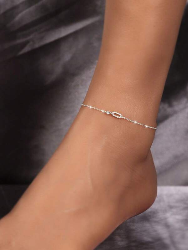 1 pièce Bracelet de cheville en argent sterling S925 géométrique creux avec des strass, convient pour les vacances et le port casual, accessoire multifonctionnel de plage