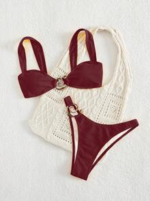 PEPPERMOLLY 全新纯色金属装饰粗肩带性感露背比基尼泳衣，女士夏季海滩时尚 - 酒紅色 - 查看 3