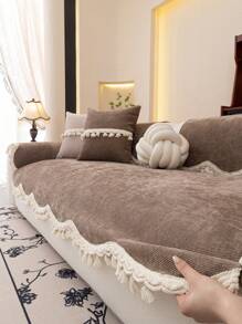 1pc European Style Fresh Floral Lace Sofa Cushion Cover, Minimalist Luxury Sofa Slipcover, Anti-Slip Anti-Dust Anti-Scratch, Decorative For Bedroom Living Room Office Study, Fits 1-4 Seater Sofa, L-Shaped Sofa, Bohemian Style - Coffee Brown - View 6