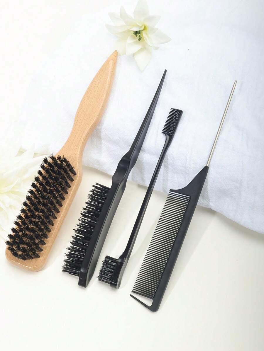 4pcs Boar Bristle Hair Brush Set - Unisex Edge Styling Set, Suitable For Creating Smooth Slick Back, Voluminous And Soft Hairstyles - Suitable For Curly And Normal Hair - Multicolor - View 1