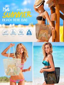 1pc Fashion Large Capacity Foldable Mesh Beach Tote Bag - Nylon Portable Storage Bag For Swimwear, Towels And Necessities, Great For Travel, Gym And Beach Day, Beach Accessories | Elegant Beach Bag | Woven Texture, Shoulder Bag Large Capacity Women Shopping Tote Beach Bag. Mother's Day Gift