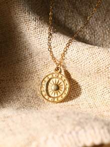 1pc Stainless Steel Minimalist Gold Crescent Moon, Star And Sun Shaped Round Pendant Necklace, Gift For Best Friend - Yellow Gold - View 4